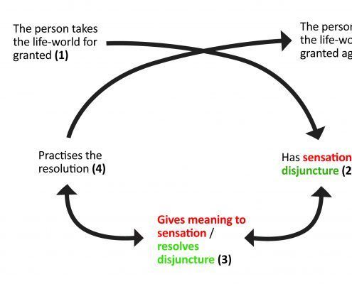 Fig 3. Jarvis’s learning from primary experience model applied to immersive (red) and discursive (green) exhibition designs.