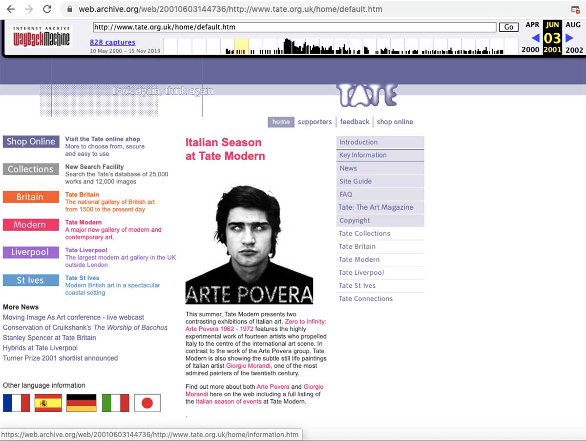 Fig. 3 Tate homepage, 3 June 2001. Accessed through the Wayback Machine.