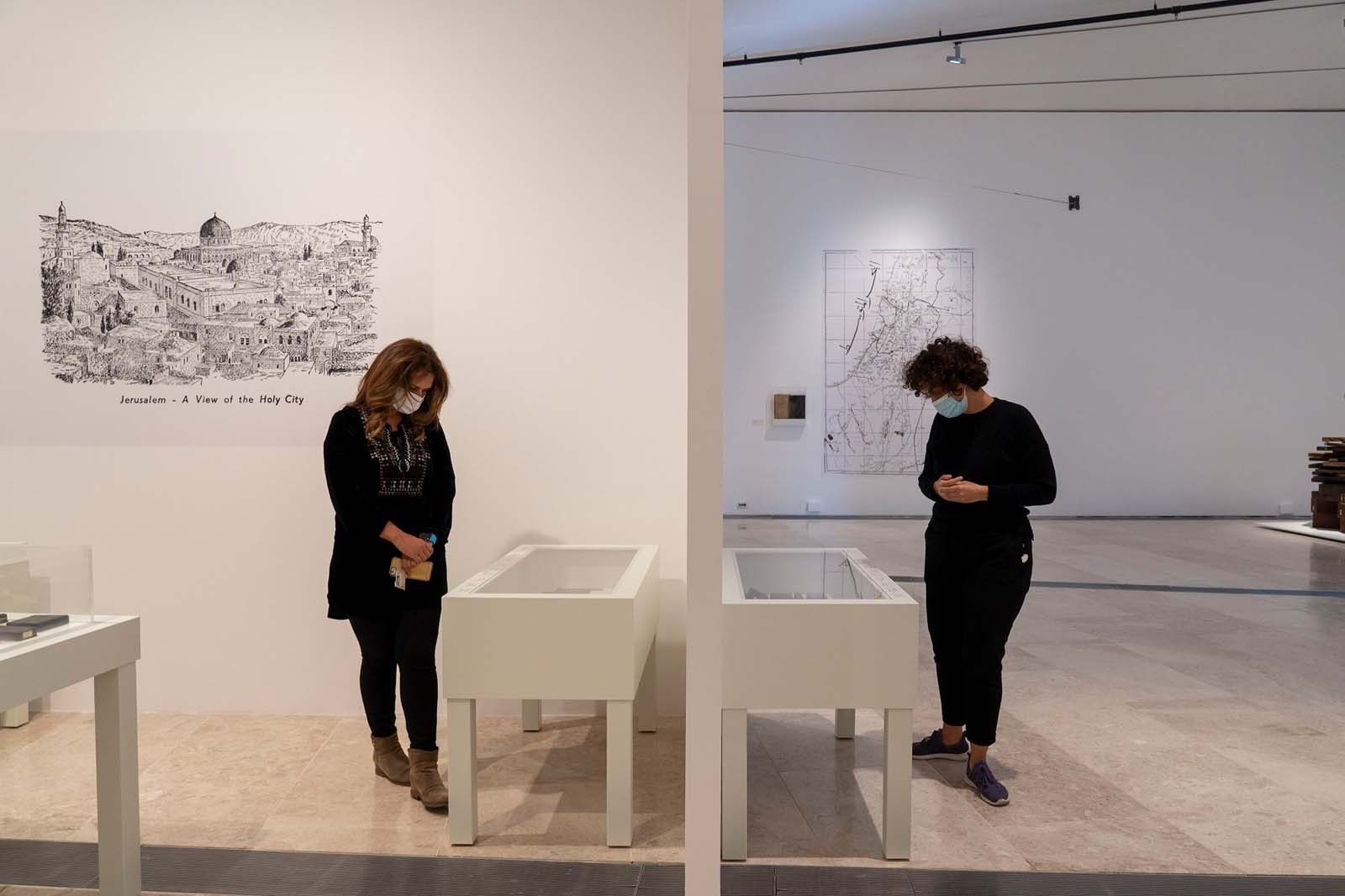Fig. 2. Exhibition view of Printed in Jerusalem: Mustamloun, curated by Baha Jubeh and guest curator Abdel-Rahman Shabane, 2020. Photo by Hareth Yousef, © The Palestinian Museum.