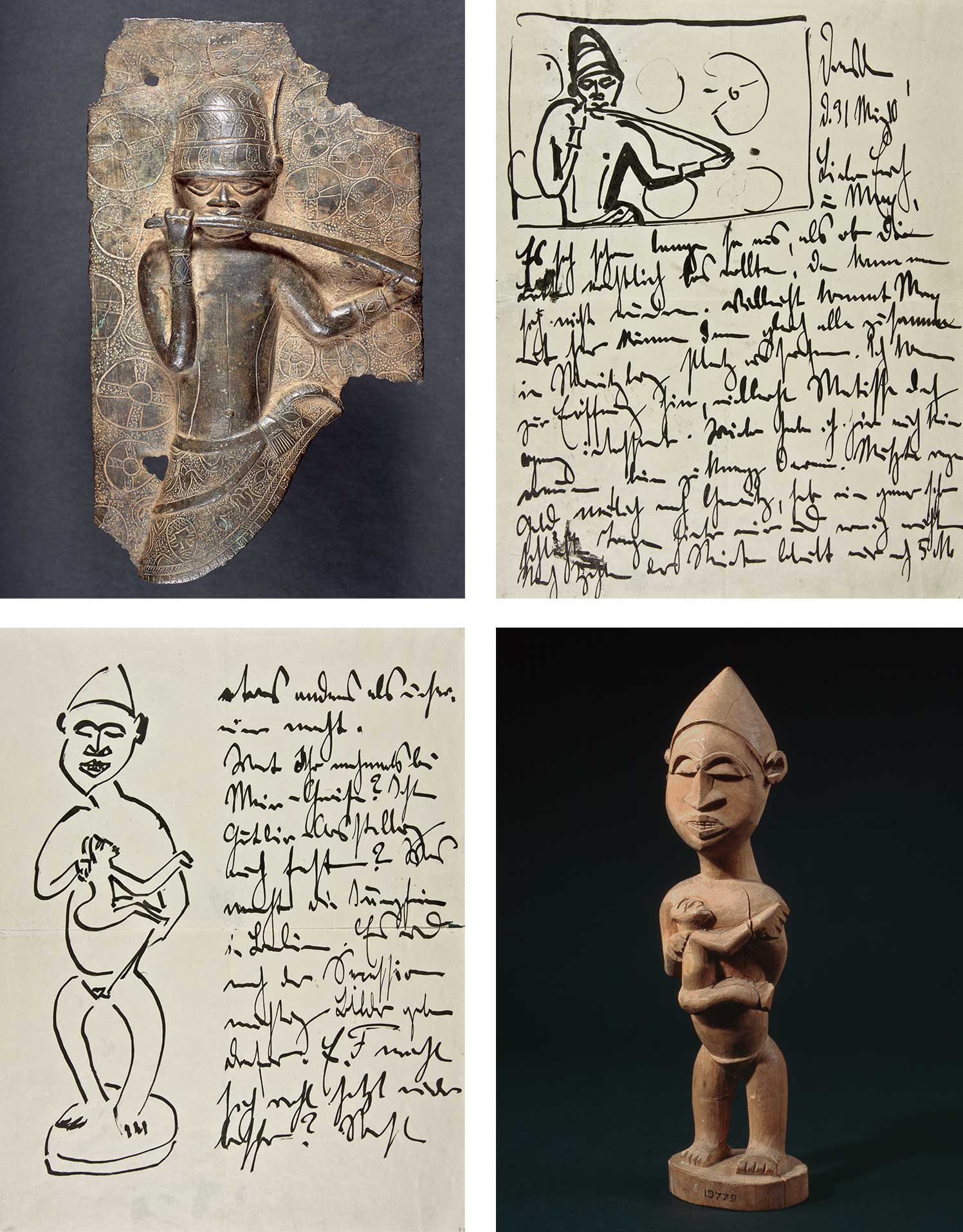 Museum encounters. Clockwise from top left: unrecorded artist, Kingdom of Benin, Nigeria, Relief of Royal Horn Player, 16th-17th century, brass, 30 x 18 cm, Museum für Völkerkunde Dresden, Inv.-Nr. 16090, photo by Eva Winkler, ©Staatliche Kunstsammlungen Dresden; Ernest Ludwig Kirchner, Letter from Dresden to Erich Heckel and Max Pechstein in Berlin, March 31, 1910, ink on paper, 28.5 x 22.4 cm, SHMH-Altonaer Museum, Inv.-Nr. 1964-289,1; unrecorded artist, Figure with Child, Buma People, Democratic Republic of Congo, before 1892, wood, 33 x 9 x 8 cm, Museum für Völkerkunde Dresden, Inv.-Nr. 19779, photo by Eva Winkler, ©Staatliche Kunstsammlungen Dresden; Ernest Ludwig Kirchner, Letter from Dresden to Erich Heckel and Max Pechstein in Berlin, March 31, 1910, ink on paper, 28.5 x 22.4 cm, SHMH-Altonaer Museum, Inv.-Nr. 1964-289,3.