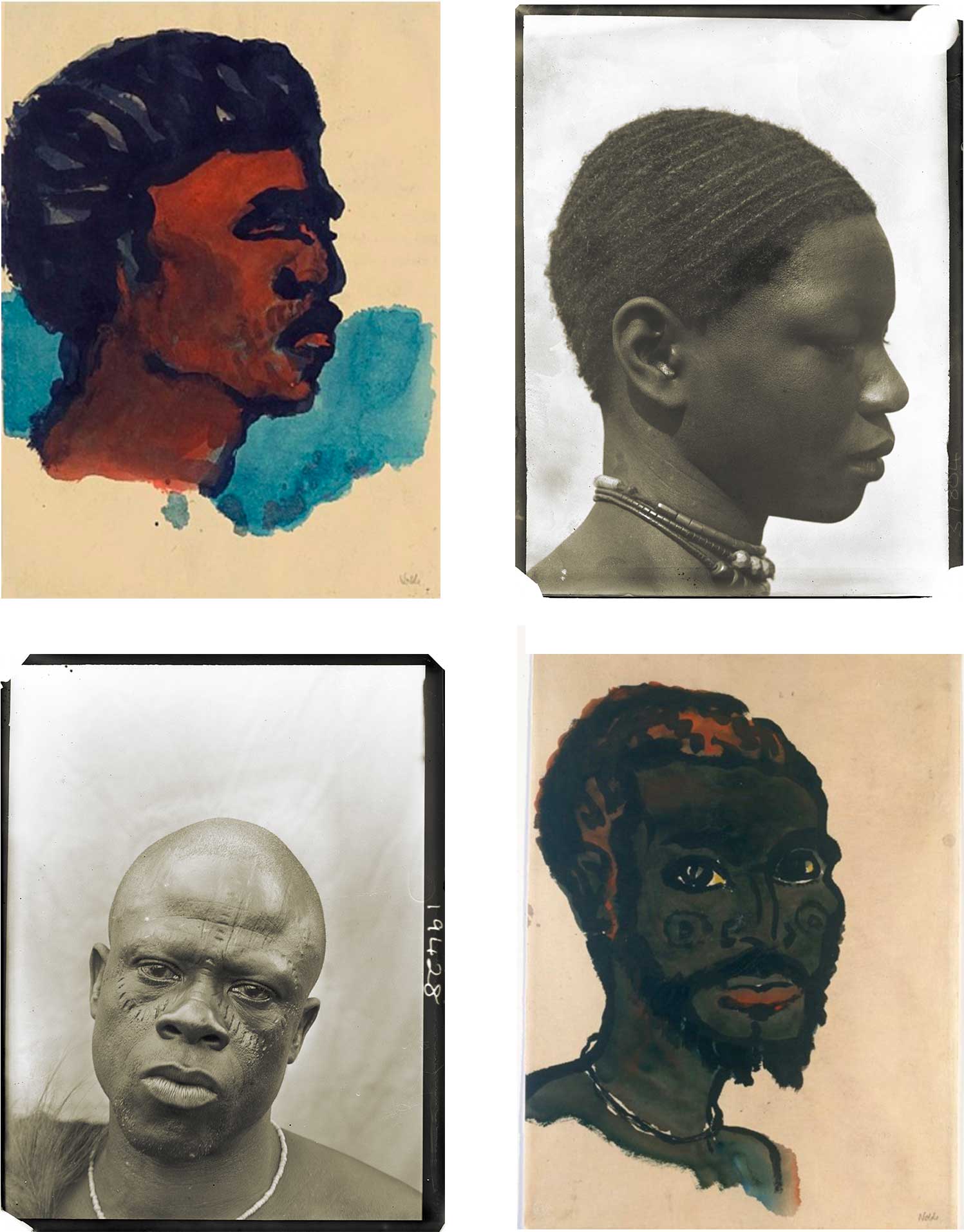 Juxtaposing Emil Nolde’s New Guinea watercolour portraits with Northcote Thomas’ physical type photographs. Clockwise from top left: Emil Nolde, Bildnis eines Südsee-Insulaner im Profil nach Rechts, 1914, watercolor and ink on paper, 48.8 x 36 cm, ©Nolde Stiftung Seebüll; Northcote Thomas, unnamed woman, Okpella, present-day Edo State, Nigeria, 1910, ©Royal Anthropological Institute, London, Inv.-Nr. 400_037804; Emil Nolde, Kopf eines Eingeborenen von vorn, 1913–14, ©Nolde Stiftung Seebüll; Northcote Thomas, unnamed chief, Oboluku, present-day Delta State, Nigeria, 1912, ©Royal Anthropological Institute, London, Inv.-Nr. 400_019428.