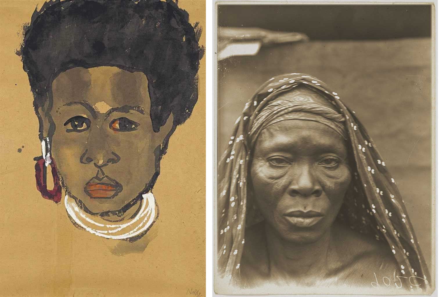 Anthropological pictorialism. Left: Emil Nolde, Bildnis einer Südseeinsulanerin (en face), 1914, watercolour and ink on paper, 51.5.5 x 37 cm, ©Nolde Stiftung Seebüll. Right: Northcote Thomas’ physical type photograph, unnamed woman, Agbede, present-day Edo State, Nigeria, 1909, ©Royal Anthropological Institute, London, Inv.-Nr. 400_037799.