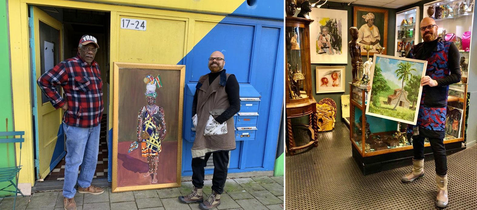 Left: Afro-Surinamese artist Frank Creton (left) and Bart Krieger (right) at the artist’s workshop in Heesterveld (Amstetdam Southeast). Right: Bart Krieger holding an artwork by unknown artist.