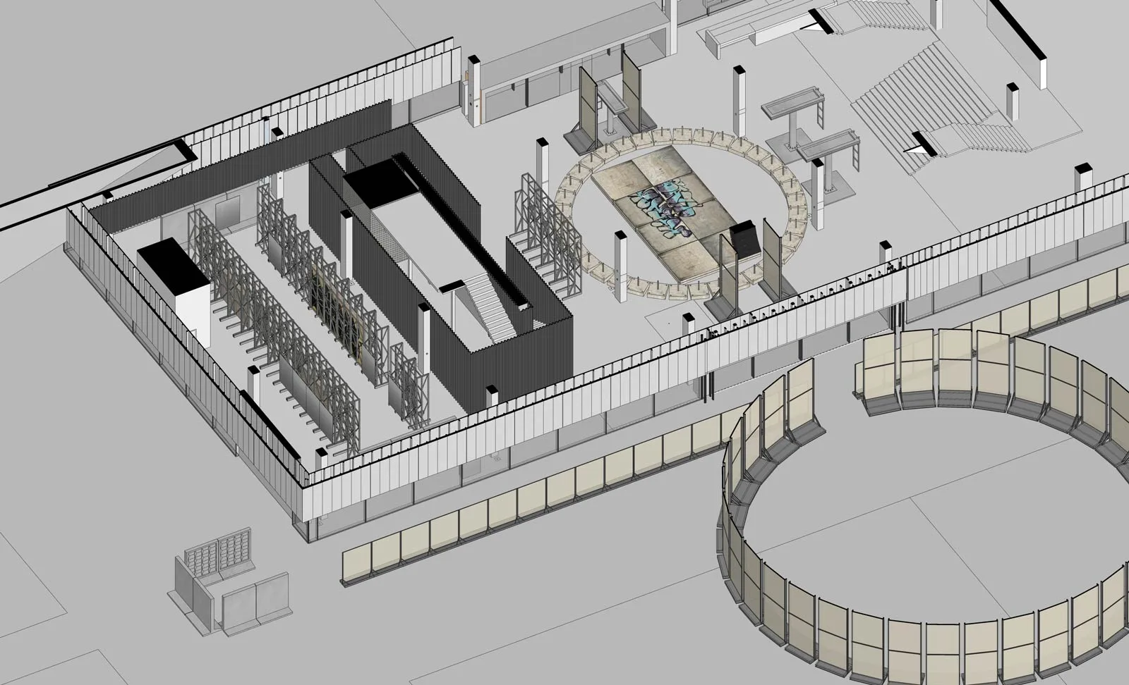Exhibition render (axonometric view) of Garage arena and entrance hall, January 2022. Courtesy of Andrea Faraguna. Image from sub (Exhibition Architecture and Supervision).