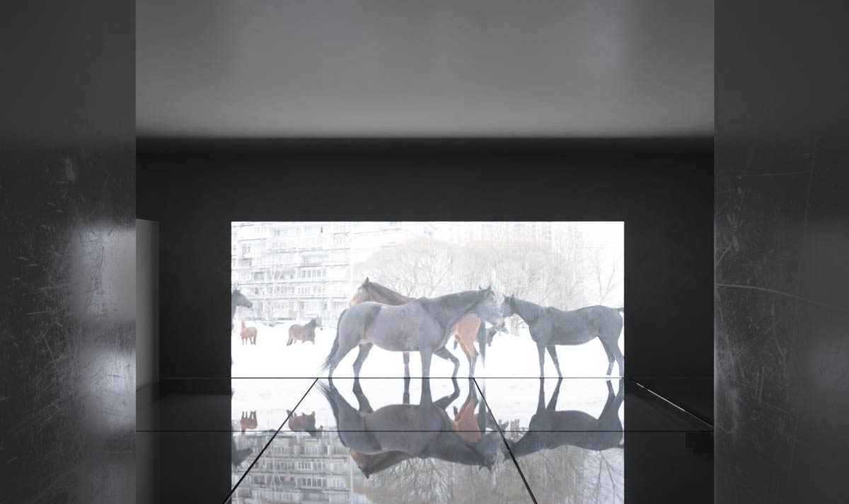 Exhibition view concept of Horses room for YOUTH. Anne Imhof, June 2022. Courtesy of artist. Image from sub (Exhibition Architecture and Supervision).