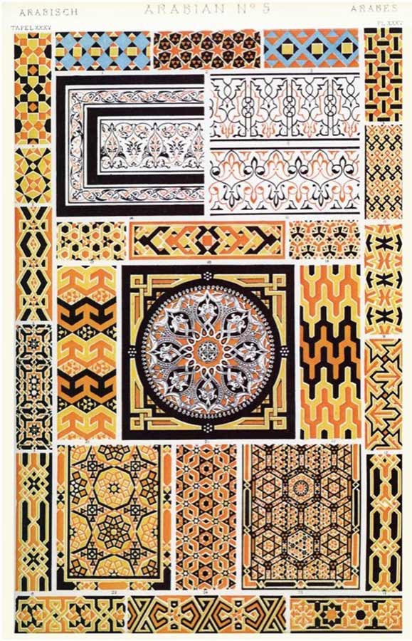 Fig. 7 Arabian mosaic patterns, arranged on a geometrical system, from: Owen Jones, The Grammar of Ornament, London 1856, Plate XXXV. The Grammar of Ornament contains decorative patterns of stylized or abstract forms from various cultures and eras, with Islamic motifs being of particular interest to Jones.