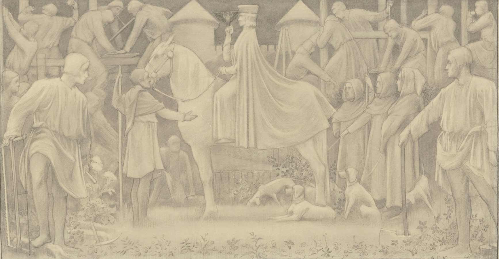 Fig. 8 Antoon Derkinderen, Design for the First Bossche Wall: the Founding of ’s-Hertogenbosch by Duke Henry of Brabant, 1889-1891. Black chalk on paper, 32.5 × 57.1 cm. Rijksmuseum, Amsterdam, gift of the heirs of J.D. van der Waals, Amsterdam, 1971. The word community art is first used in the Netherlands in connection with this wall painting. Reviewer Flanor (pseud. P.A.M. Boele van Hensbroek), in De Nederlandsche Spectator (1892), p. 72, speaks of the “newly forged word ‘community art.’”