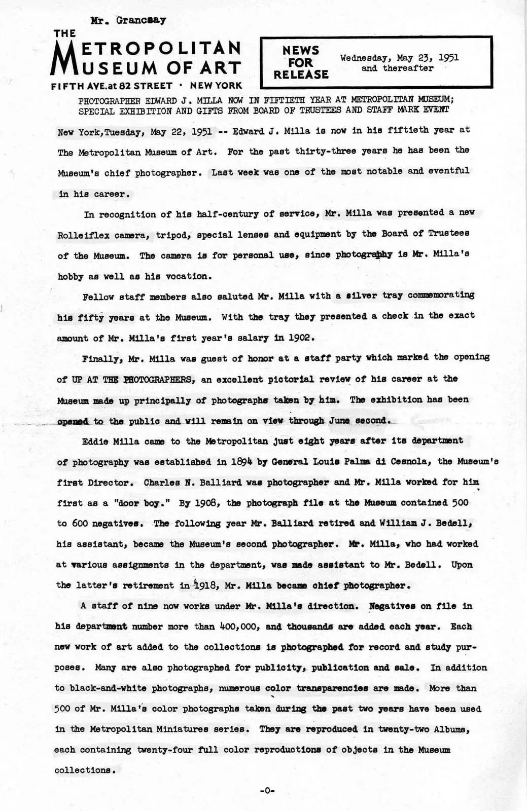 Figure 14 - Press release sent out by Metropolitan Museum of Art regarding Milla’s 1951 exhibition.