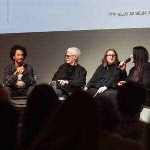 Miles Greenberg, Rein Wolfs, Karen Archey and Marina Abramović at the conversation series Artist Talk at the Stedelijk Museum on March 17, 2024. Photo: Maarten Nauw.