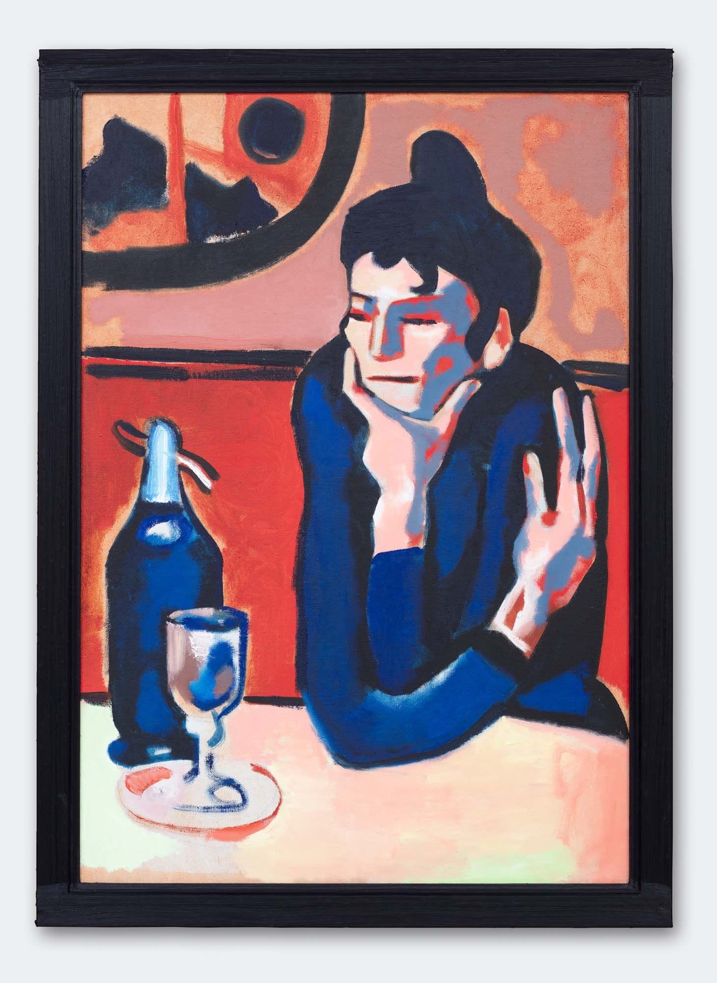 Wilhelm Sasnal, Untitled (after “The Absinthe Drinker” by Pablo Picasso), 2023, oil on canvas, incl. frame: 110 × 80 cm. Courtesy the artist and Foksal Gallery Foundation.