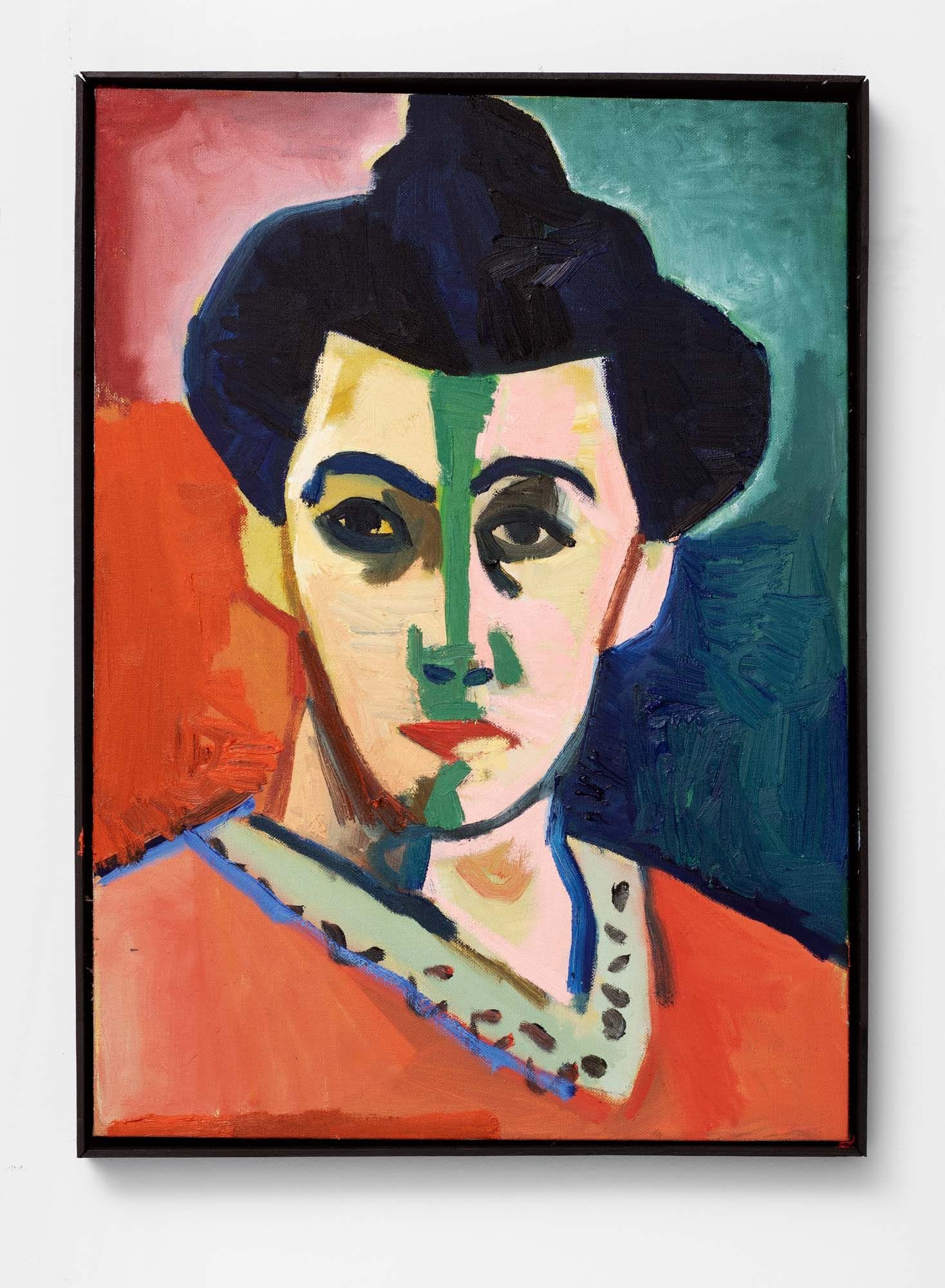 Wilhelm Sasnal, Untitled (after “The Green Stripe” by Henri Matisse), 2023, oil on canvas, incl. frame: 72.5 × 52.5 cm. Courtesy the artist and Foksal Gallery Foundation.