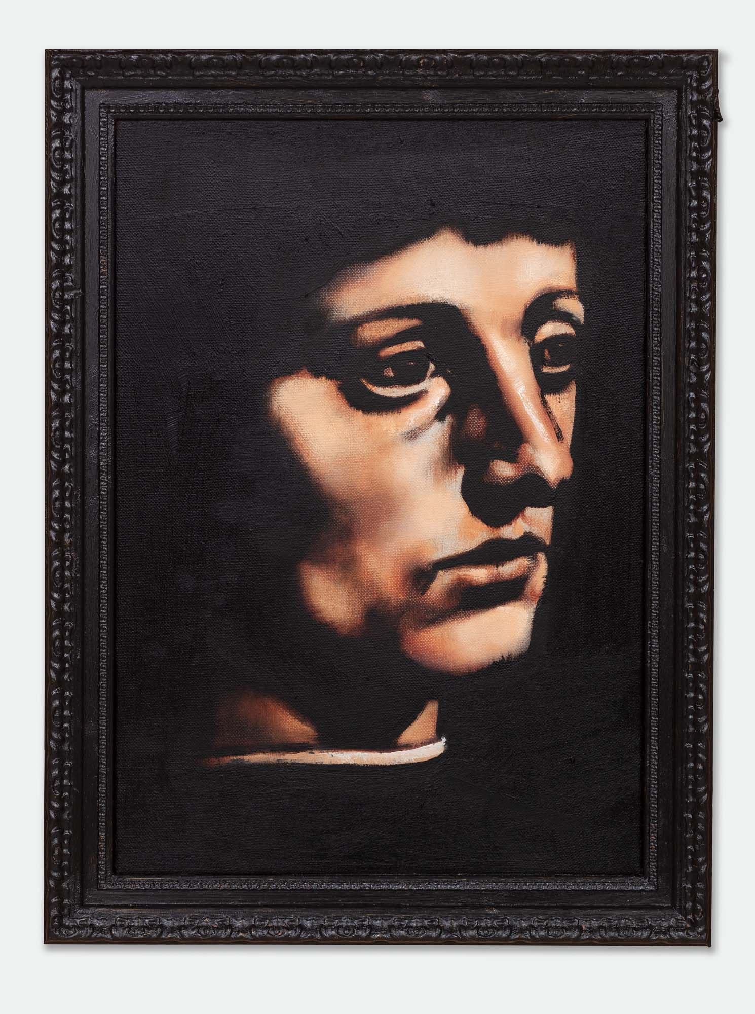 Wilhelm Sasnal, Untitled (after “Portrait of a Musician” by Leonardo Da Vinci), 2023, oil on canvas, incl. frame: 58 × 43.5 cm. Courtesy the artist and Foksal Gallery Foundation.