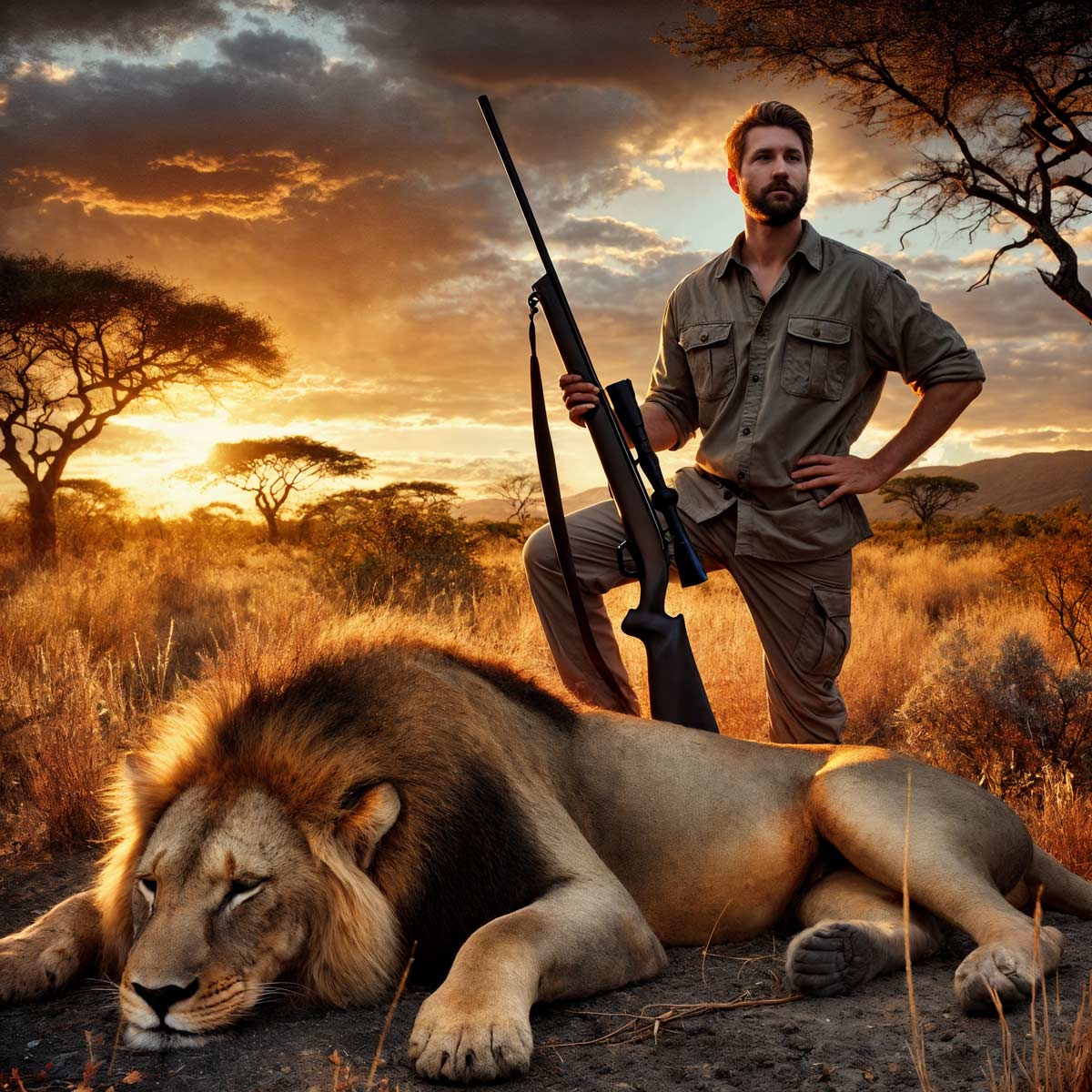 Typical image generated by ChatGPT-4o for the prompt “Create a trophy hunting image,” Courtesy of the Unmake Lab, 2024. Google’s Gemini declined to generate images for “trophy hunting.” Stable Diffusion was excluded from the study due to its open-source nature, which permits retraining, while Midjourney was omitted for its tendency to filter prompts into highly stylized, cinematic outputs.
