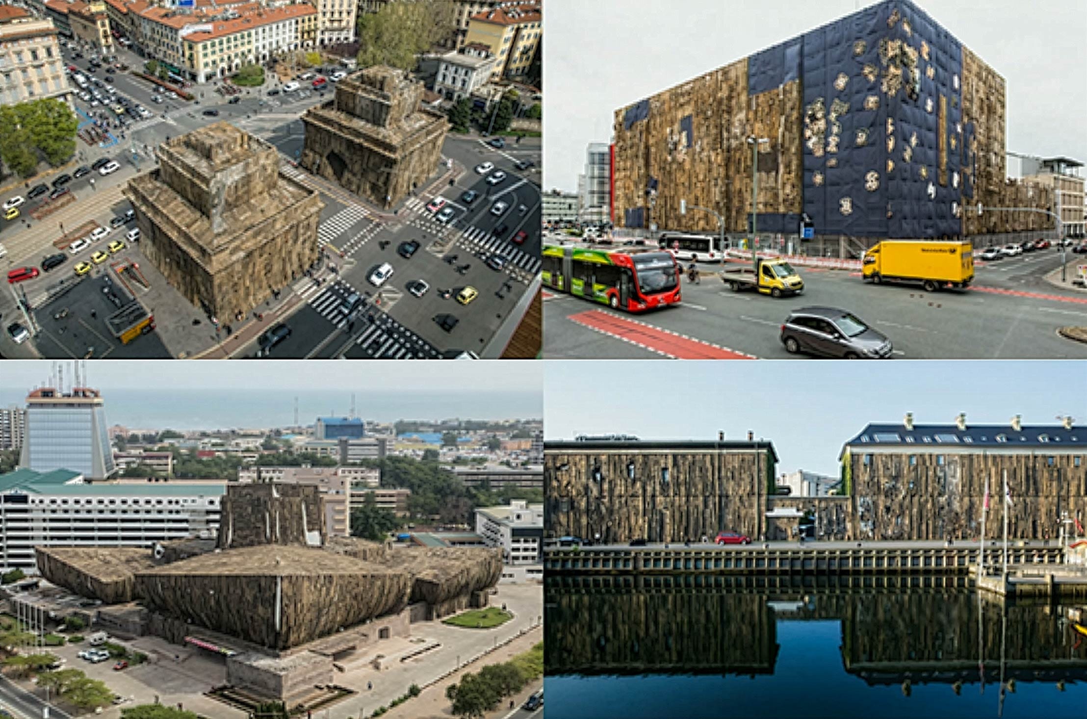 Fig. 16. Clockwise from top left: Ibrahim Mahama, A Friend, 2019, at Caselli Daziari (Tollgates) di Porta Venezia, Milan. Ibrahim Mahama, TRANSFER(S), 2023, at Kunsthalle Osnabrück, Osnabrück. Ibrahim Mahama, Nyhavn Kaplang, 2016, at Kunsthal Charlottenborg, Copenhagen. Ibrahim Mahama, Malam Dodoo National Theatre, 1992–2016, charcoal jute sacks at the National Theatre of Ghana, Accra. Courtesy of the artist.