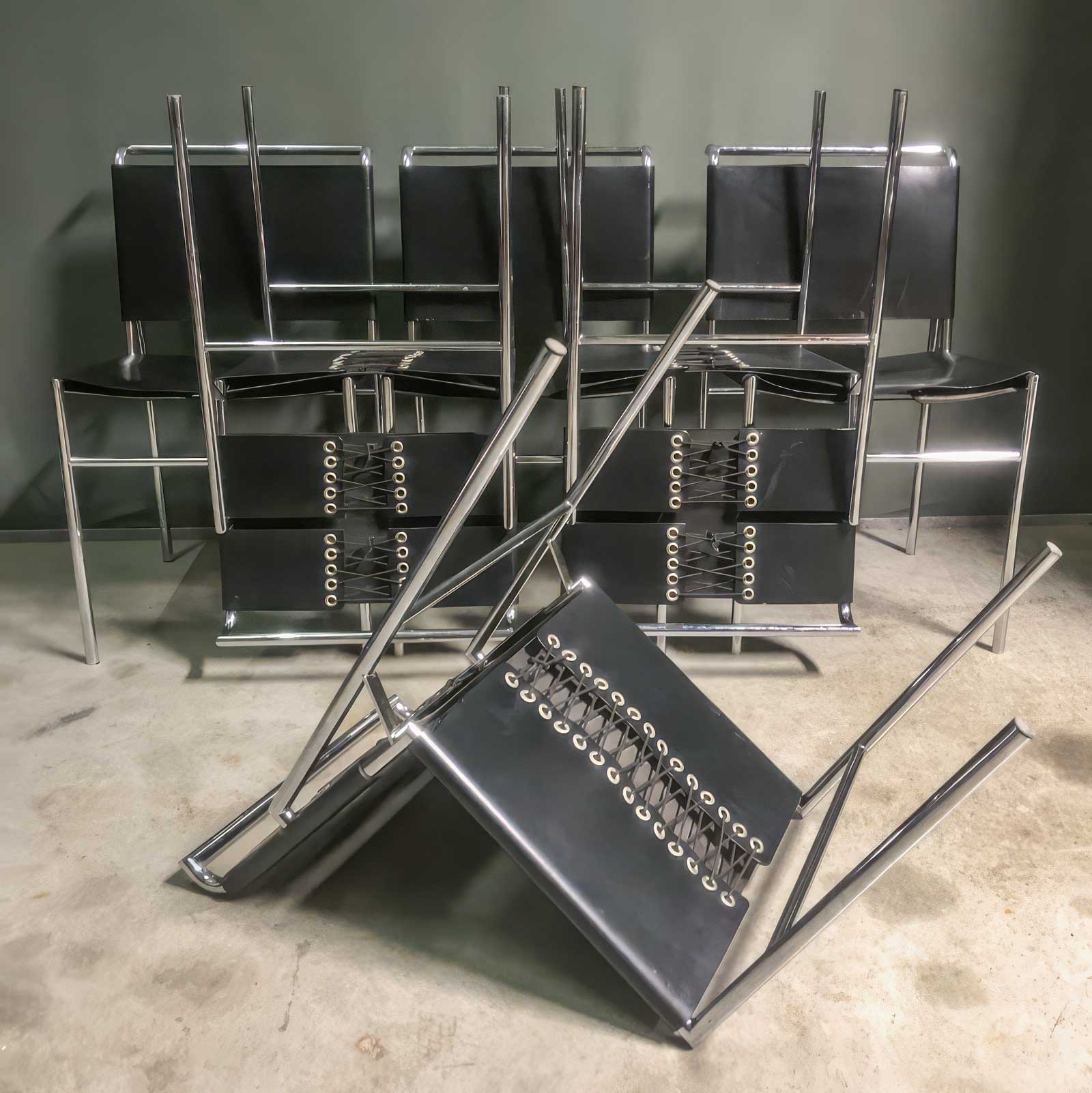 Fig.4. Eileen Gray, Roquebrune chair, in a 1980s reissue in black leather, the lacing is even more prominently featured. Photography: Priority Seating.