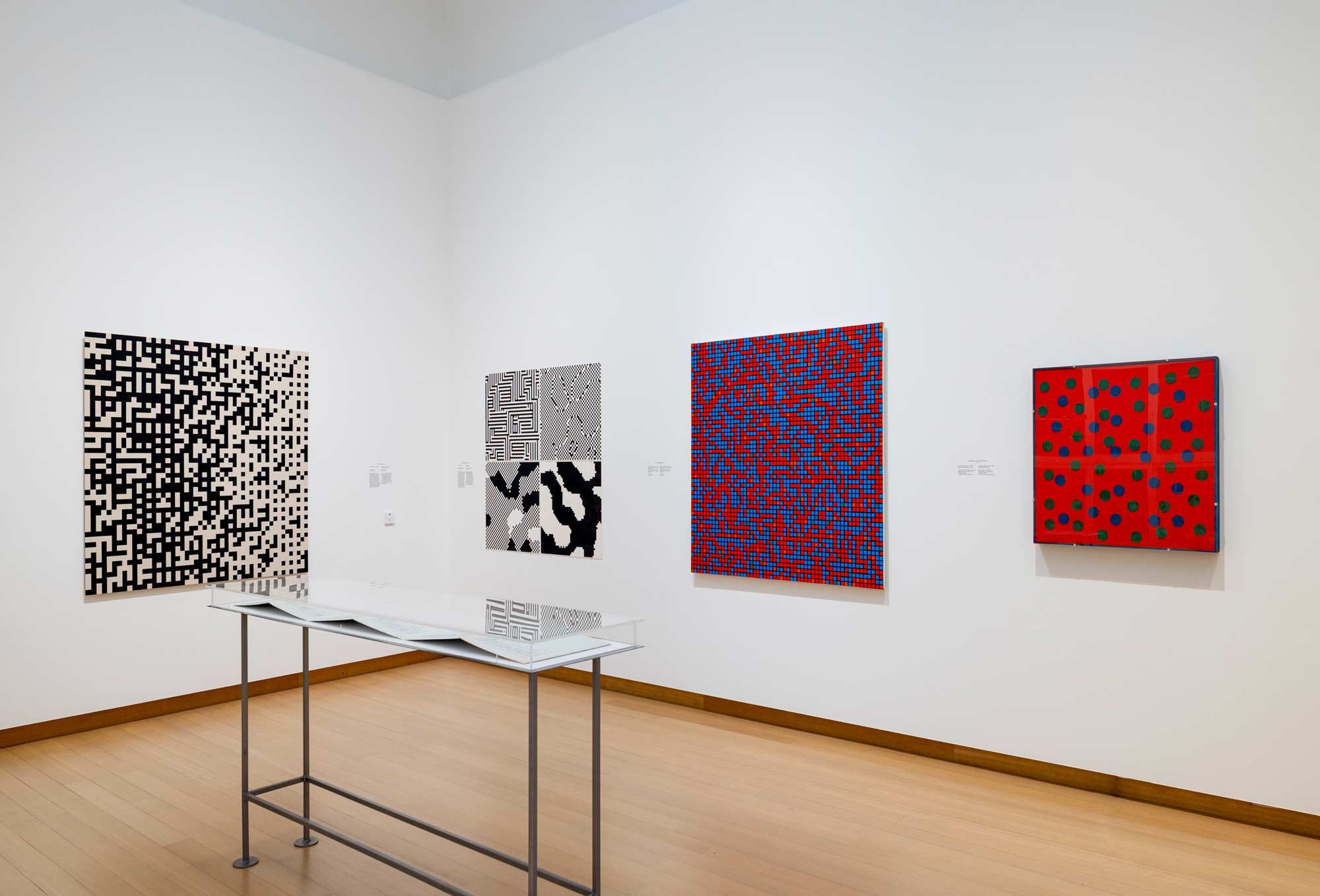Fig. 5. The first to the right of the corner. Lambert Meertens and Leo Geurts, Kristalstructuren, 1972. Ink on paper, Electrologica X8 mainframe computer, ALGOL 60 programme. 65 x 65 cm each. Stedelijk Museum Amsterdam 2026. Photo: Peter Tijhuis