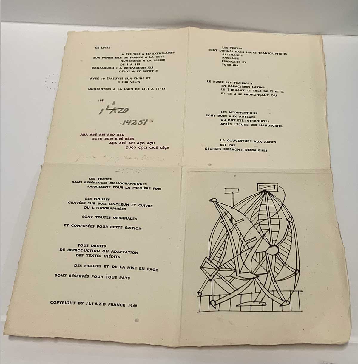 Fig. 7. Sheet 3 featuring the book colophon and an engraving by Óscar Domínguez. Iliazd, Poésie de mots inconnus. From the collection of Stedelijk Museum Amsterdam. Photograph by the author.