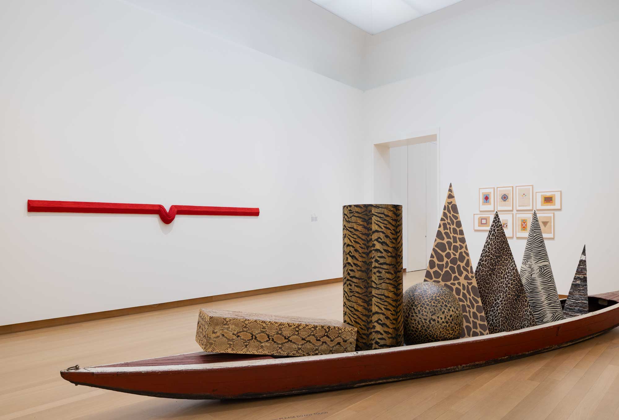 Installation view ‘Everyday, Someday, and Other Stories. Collection 1950 – 1980’. Fltr: Naomi Kobayashi, Ito wa ito, 1980; Claudio Parmiggiani, Zoo Geometrico, 1969; and a series of framed works on paper by Raja Babu Sharma, 1985-1995, collection Stedelijk Museum Amsterdam. Photo: Peter Tijhuis.