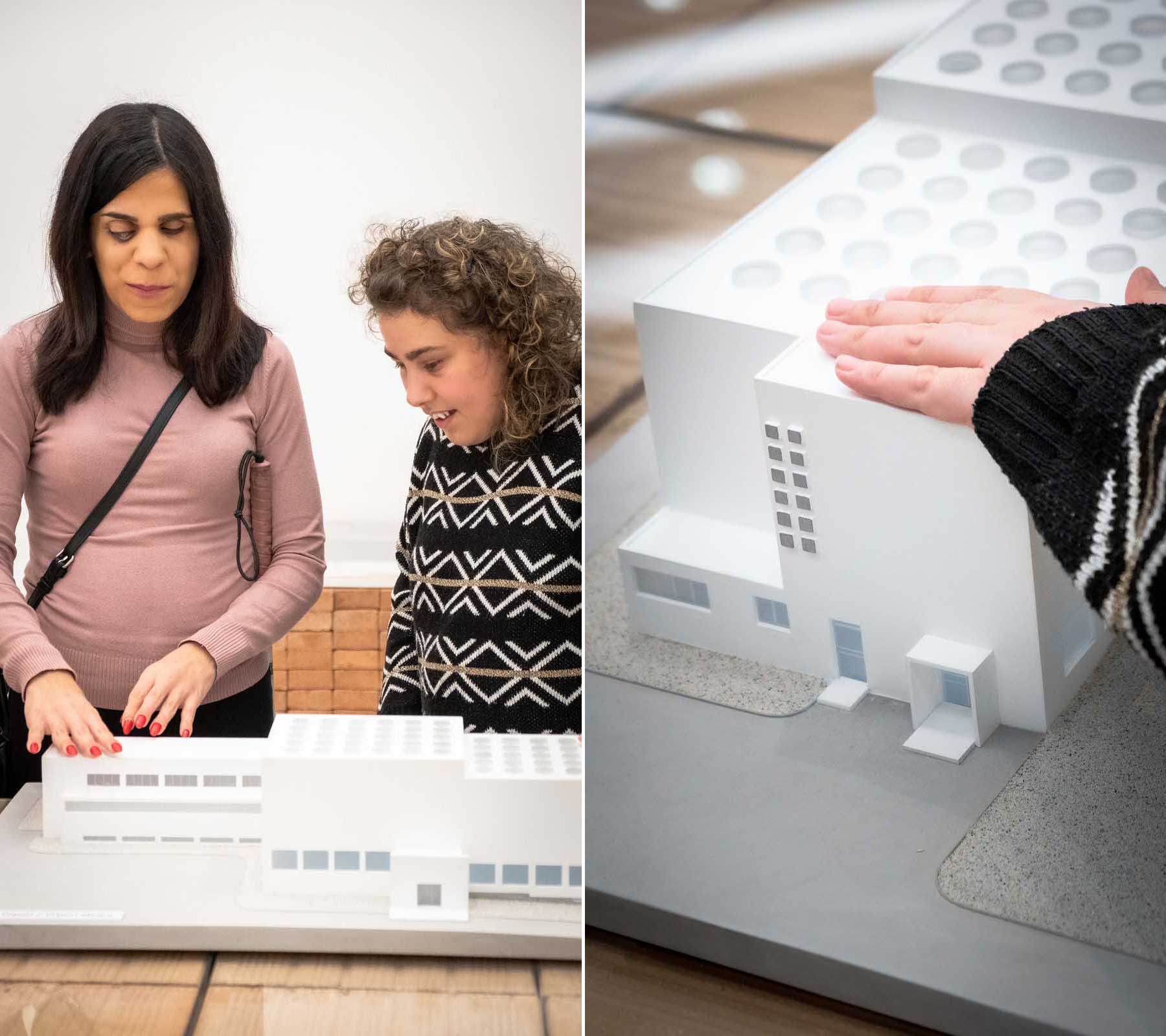 Figs. 6–7. Blind participants of the working team testing the Viipuri Library tactile model.